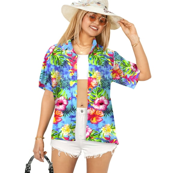 HAPPY BAY Hawaiian Shirts Womens Casual Tops Summer Button Down Beach Party Blouse Shirt Floral Blouses Short Sleeve Button up Tee Shirts Dresses for Women S Colorful Hibiscus, Blue