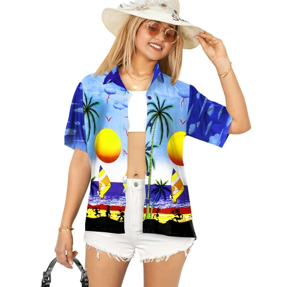 HAPPY BAY Hawaiian Shirts Womens Dressy Summer Blouse Holidays Beach Party Short Sleeve Shirt Tropical Vacation Button up Bohemian Shirts for Women L Seashore, Royal Blue