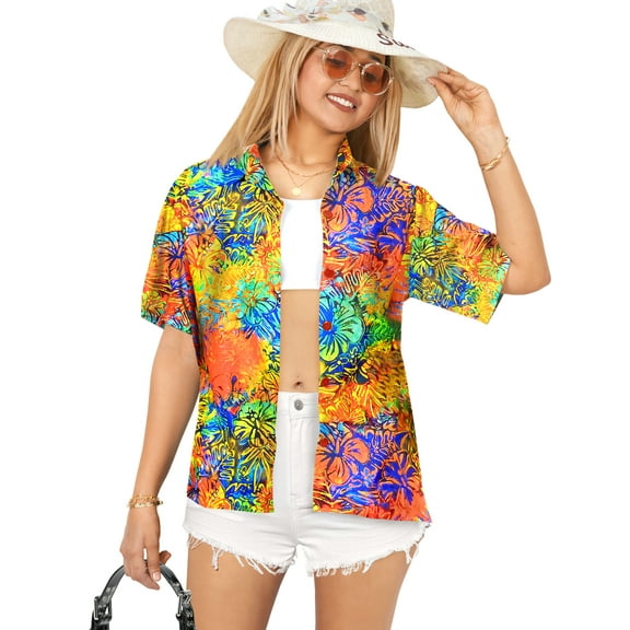 HAPPY BAY Hawaiian Shirts Womens Floral Beach Party Shirt Summer Button Down Blouse Short Sleeve Vacation Button up Tee Shirts Blouses for Women XL Allover Flower, Multicoloured