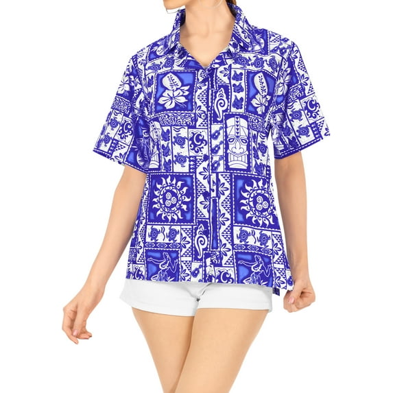 HAPPY BAY Hawaiian Shirts Womens Floral Beach Party Short Sleeve Vacation Casual Blouse Shirt Summer Button up Dress Shirts Blouses for Women L Basket Weave, Royal Blue