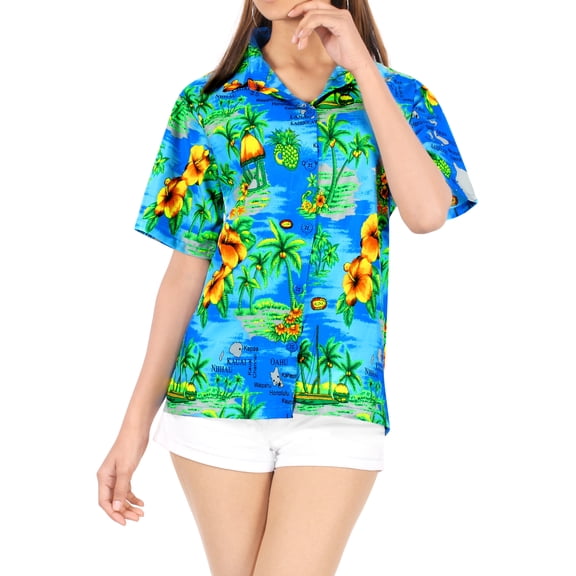 HAPPY BAY Hawaiian Shirts Womens Floral Summer Beach Party Blouses Shirt TShirts Short Sleeve Vacation Shirts Blouses for Women XXL Ocean Chart, Autumn Turquoise