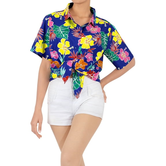 HAPPY BAY Hawaiian Shirts Womens Funky Short Sleeve Tops Tropical Vacation Casual Blouse Top Dress Shirt Summer Holiday Beach Party Floral Shirts for Women XL Azure, Floral