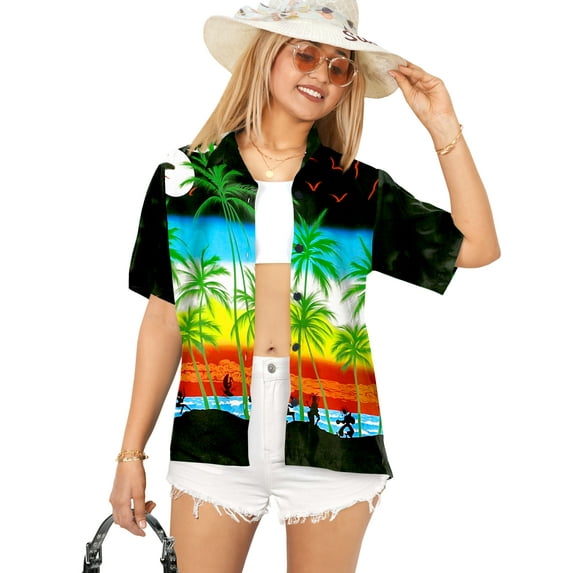 HAPPY BAY Hawaiian Shirts Womens Summer Beach Party Blouses Shirt Collared Blouse Short Sleeve Tropical Vacation Button up Dress Tee Shirts Tops for Women M Seashore, Black