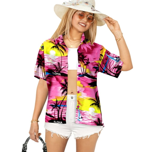 HAPPY BAY Hawaiian Shirts Womens Summer Beach Party Blouses Shirt Tropical Blouse Short Sleeve Vacation Dress Shirts for Women S Palm Tree Island, Pink