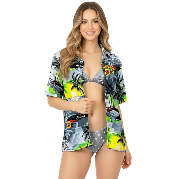 HAPPY BAY Hawaiian Shirts Womens Summer Beach Party Short Sleeve Tropical Vacation Blouse Shirt T-Shirt Blouses Dress Tee Shirts Tops for Women S Palm Tree Island, Grey