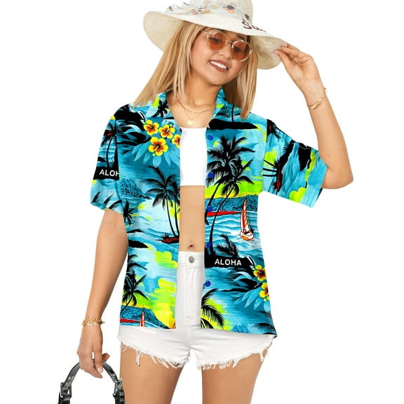 HAPPY BAY Hawaiian Shirts Womens Tropical Blouse Dress Shirt Short Sleeve Tops Vacation Button up Beach Party Summer Camp Shirts for Women S Turquoise, Palm Tree Island