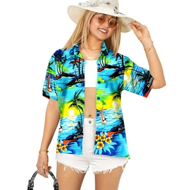 HAPPY BAY Hawaiian Shirts Womens Tropical Blouse Shirt Short Sleeve Vacation Tops Button up Beach Party Summer Button Down Holiday Shirts for Women M Blue, Palm Tree Island