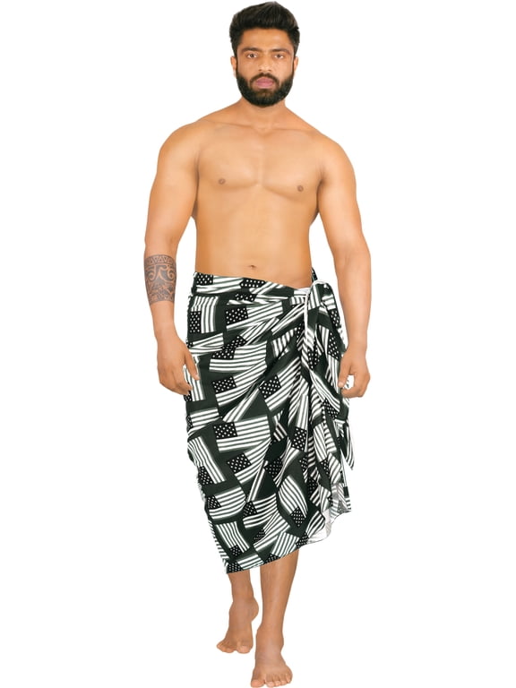 Men's 4th of July American USA Army Police Flag Swimwear Summer Sarong Swim Trunk Long Pareo Beach Wrap One Size Black, Allover US Flags Vacation