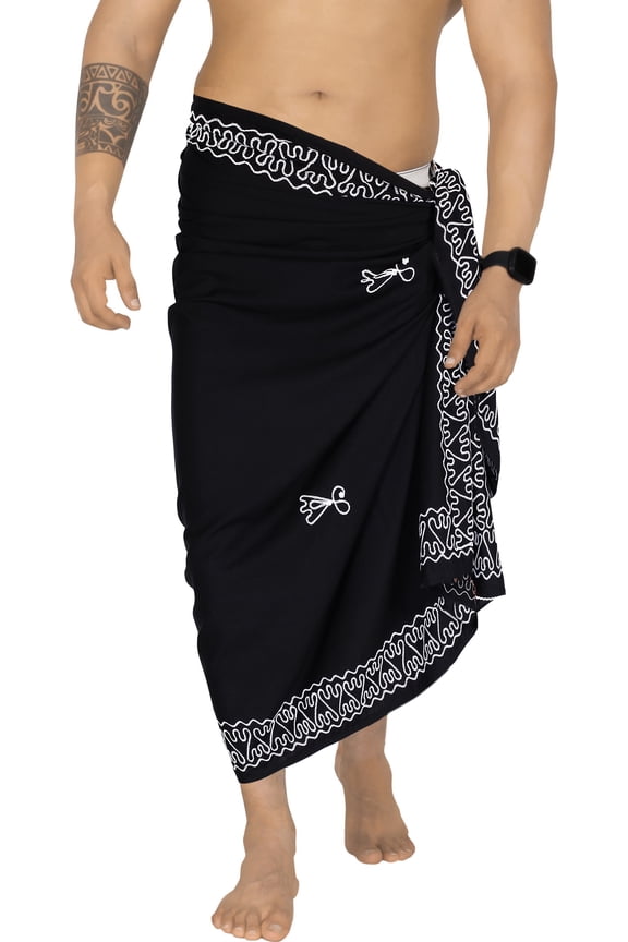 Men's Bath Trunk Casual Sarong Long Pareo Beach Wrap One Size Black-Q651 Summer Vacation Aloha