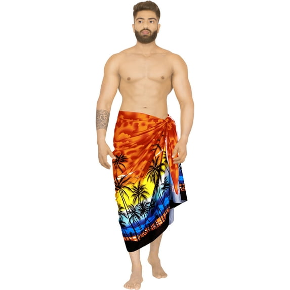 HAPPY BAY Men's Bath Trunk Swimsuits Sarong Pareo Beach Wrap One Size Orange-F347 Summer Vacation Aloha