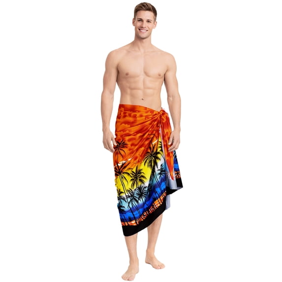 HAPPY BAY Men's Bath Trunk Swimsuits Sarong Pareo Beach Wrap One Size Orange-F347 Summer Vacation Aloha