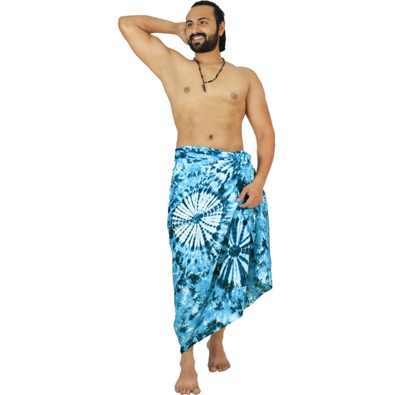 HAPPY BAY Men's Bath Trunk Swimsuits Sarong Pareo Beach Wrap One Size Turquoise, Tie Dye Summer Vacation Aloha