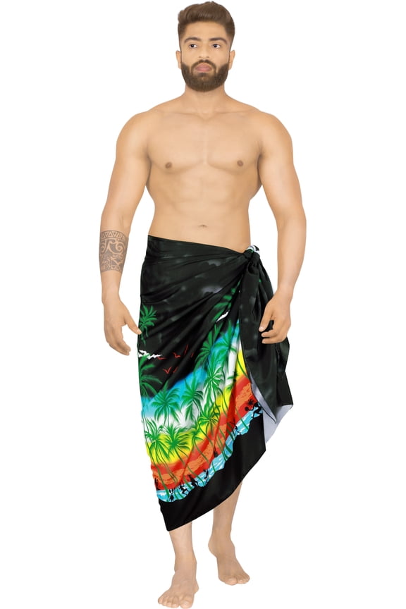 Men's Bath Trunk Swimsuits Sarong Pareo Wrap One Size Ebony, Beach Summer Vacation Aloha