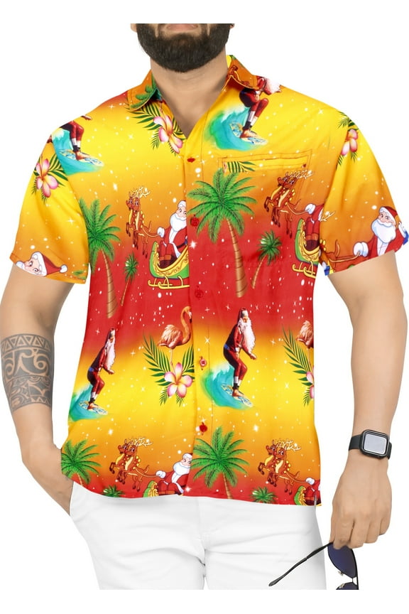 Men's Beach Button Down Funky Santa Claus Party Dress Shirt Holiday Ugly Christmas Tree Hawaiian Gifts Shirts for Men M Santa Surf, Orange