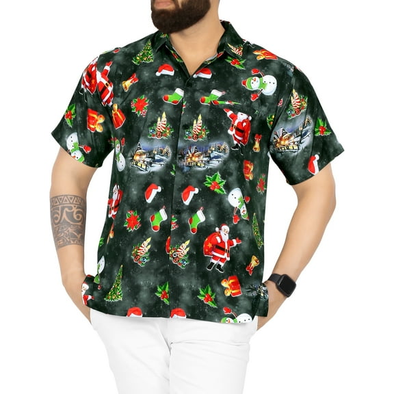 HAPPY BAY Men's Beach Button Down Funky Santa Claus Party Dress Shirt Vacation Hawaiian Christmas Tree Gifts Shirts for Men S Xmas Tree Gifts, Black