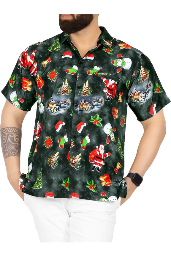Men's Beach Button Down Funky Santa Claus Party Dress Shirt Vacation Hawaiian Christmas Tree Gifts Shirts for Men S Xmas Tree Gifts, Black