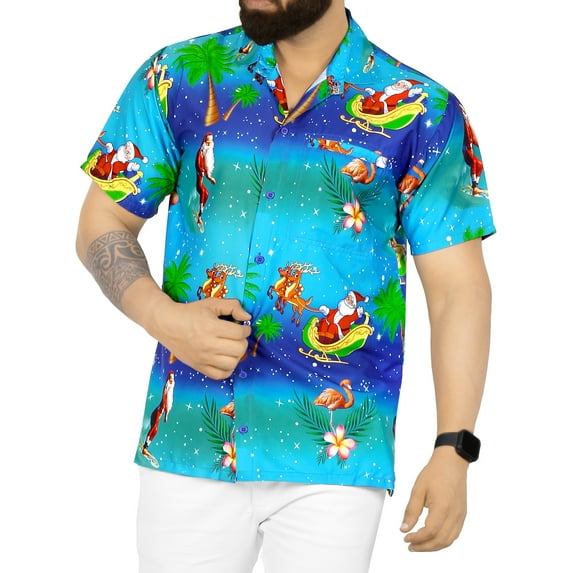 HAPPY BAY Men's Beach Button Down Funky Santa Claus Party Dress Shirt Vacation Hawaiian Ugly Christmas Tree Gifts shirts for Men 5XL Santa Surf, Blue