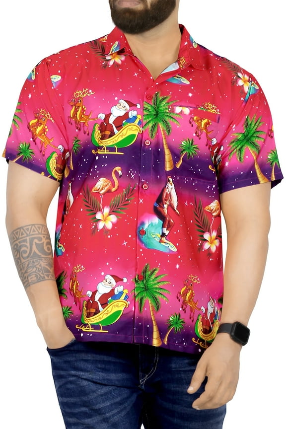 Men's Beach Button Down Funky Santa Claus Party Dress Shirt Vacation Ugly Christmas Tree Hawaiian Gifts shirts for Men 4XL Santa Surf, Pink
