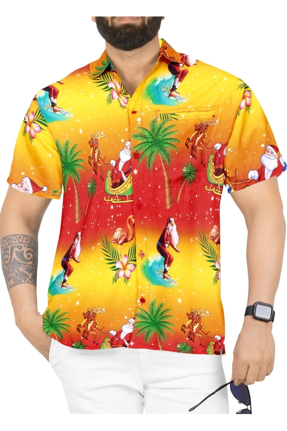 Men's Beach Button Down Funky Santa Claus Party Dress Shirt Holiday Ugly Christmas Tree Hawaiian Gifts Shirts for Men XXL Santa Surf, Orange