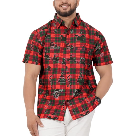 HAPPY BAY Men's Beach Button Down Funky Santa Flannel Dress Shirt Vacation Party Ugly Christmas Tree Hawaiian Gifts shirts for Men 3XL Xmas Checks, Red