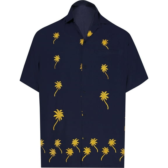 HAPPY BAY Men's Beach Cruise Holidays Shirts Casual Button Down Shirts For Men Summer Vacation Aloha Tops Hawaiian Shirt S Indigo, Embroidery Palm