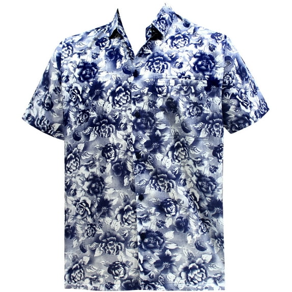 HAPPY BAY Men's Beach Hawaiian Spread Collar Overshirt XXL Navy Blue-W677 Summer Vacation Holiday