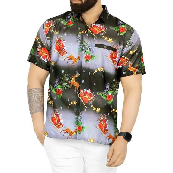 HAPPY BAY Men's Beach Short Sleeve Christmas Tree Party Dress Shirt Holiday Funny Hawaiian Santa Gifts Shirts for Men M Santa Reindeer Sleigh, Black