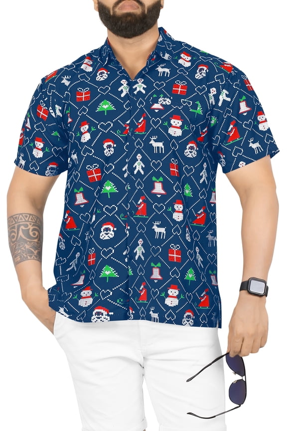 Men's Beach Short Sleeve Christmas Tree Party Dress Shirt Vacation Party Funny Santa claus Hawaiian Gifts shirts for Men XL Navy, Xmas Theme