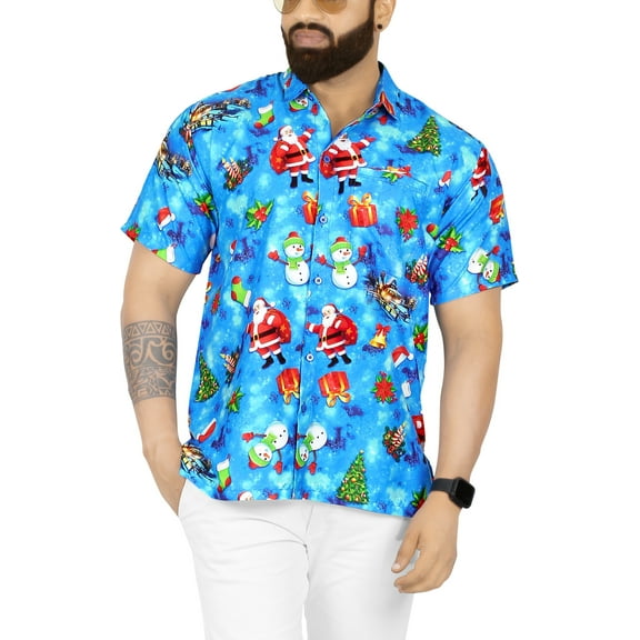 HAPPY BAY Men's Beach Short Sleeve Funky Santa Claus Party Dress Shirt Holiday Christmas Tree Hawaiian Gifts shirts for Men 4XL Xmas Tree Gifts, Blue