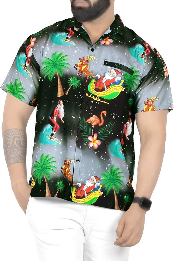 Men's Beach Short Sleeve Funky Santa Claus Party Dress Shirt Holiday Hawaiian Ugly Christmas Tree Gifts Shirts for Men 3XL Santa Surf, Black