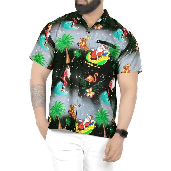 HAPPY BAY Men's Beach Short Sleeve Funky Santa Claus Party Dress Shirt Holiday Hawaiian Ugly Christmas Tree Gifts Shirts for Men XS Santa Surf, Black