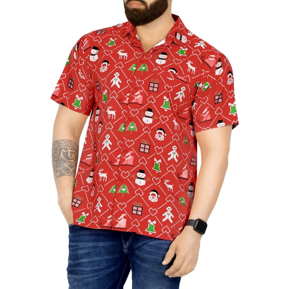 HAPPY BAY Men's Beach Short Sleeve Funky Santa Claus Party Dress Shirt Holiday Hawaiian Ugly Christmas Tree Gifts shirts for Men 3XL Xmas Theme, Red