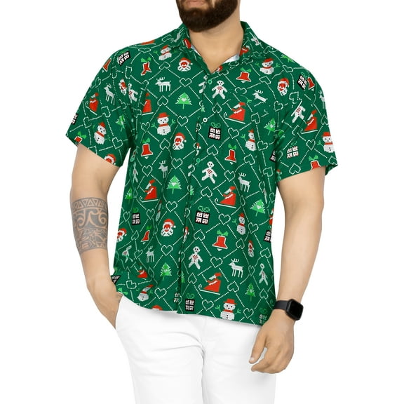 HAPPY BAY Men's Beach Short Sleeve ugly Christmas Tree Party Dress Shirt Holiday Funny Santa claus Hawaiian Gifts shirts for Men S Green, Xmas Theme
