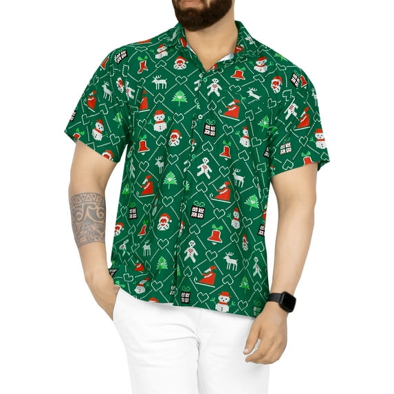 HAPPY BAY Men's Beach Short Sleeve ugly Christmas Tree Party Dress Shirt Holiday Funny Santa claus Hawaiian Gifts shirts for Men XL Green, Xmas Theme