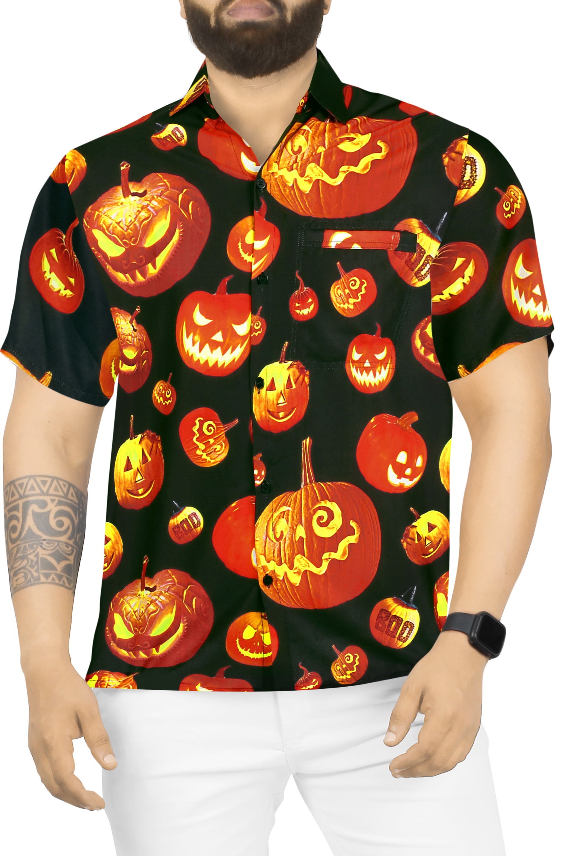 SSLR Men's Halloween Skeleton Pumpkin Button-Up Shirt - Short Sleeve, Lightweight, Black, Size Medium - View #2