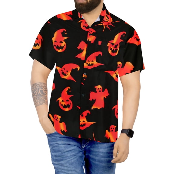 HAPPY BAY Men's Button Up Short Sleeve Beach Caribbean Cruise Shirt Vacation Halloween Costumes Hawaiian Shirts for Men S Orange Ghost Black