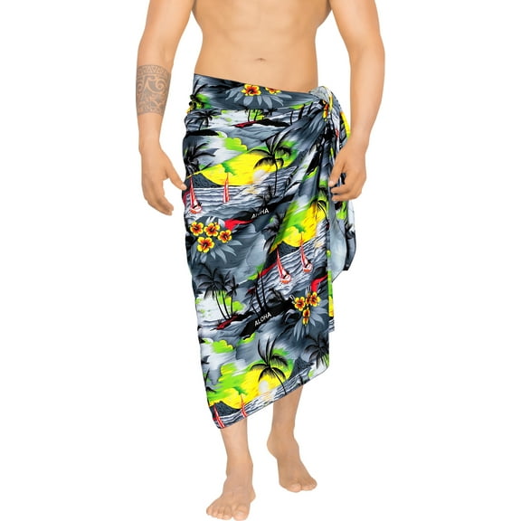 HAPPY BAY Men's Christmas Swim Trunk Swimsuits Sarong Pareo Beach Wrap One Size Grey, Palm Tree Summer Vacation Aloha