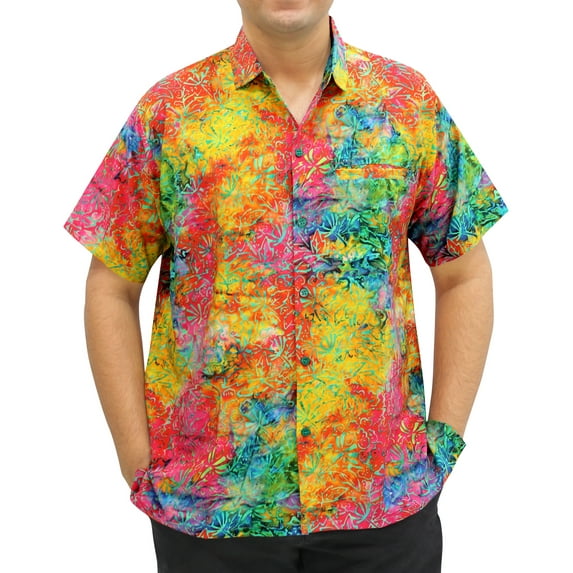 HAPPY BAY Men's Exotic Beach Button Down Hawaiian Shirts M Rainbow, Canvas Pattern Summer Vacation Holiday