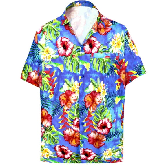 HAPPY BAY Men's Exotic Beach Casual Hawaiian Aloha Shirt XL Blue, Floral Summer Vacation Holiday