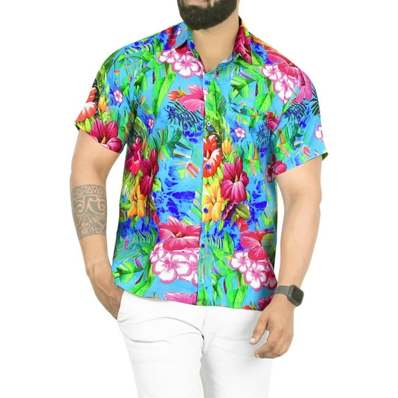 HAPPY BAY Men's Exotic Beach Casual Hawaiian Aloha Shirt XXL Tropical Hibiscus, Blue, Hawaiian Tropical Summer Vacation Holiday