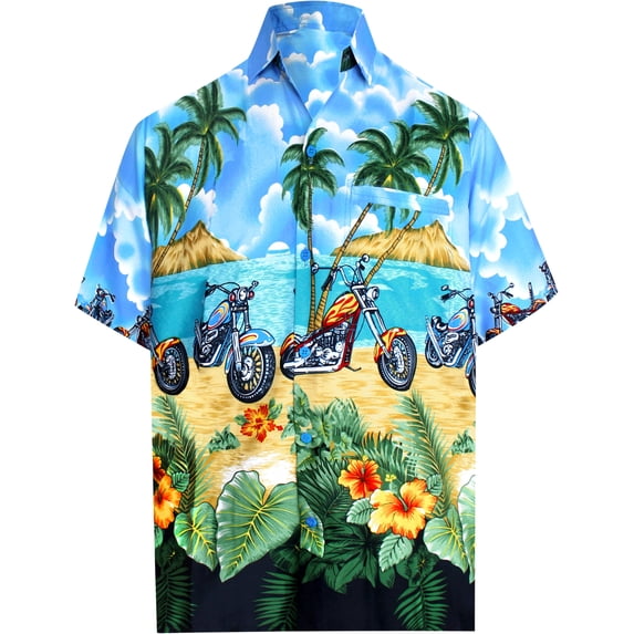HAPPY BAY Men's Fun Beach Short Sleeve Hawaiian Shirts XS Tiffany, Motor Ride Summer Vacation Holiday
