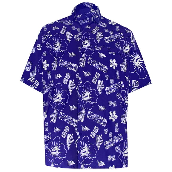 HAPPY BAY Men's Funky Beach Party Tropical Floral Shirts Short Sleeve Button Down Hawaiian Shirt for Men M Indigo, Hibiscus Aztec