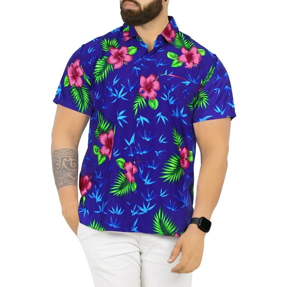 HAPPY BAY Men's Funky Beach Party Tropical Floral Shirts Short Sleeve Button Down Hawaiian Shirt for Men XXL Cerulean, Hibiscus Leaves