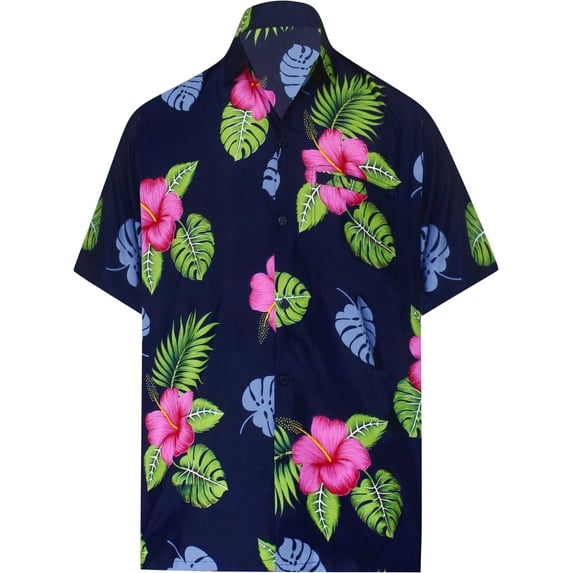 HAPPY BAY Men's Funky Beach Party Tropical Floral Shirts Short Sleeve Button Down Hawaiian Shirt for Men XXL Navy, Hibiscus Monstera Leafs