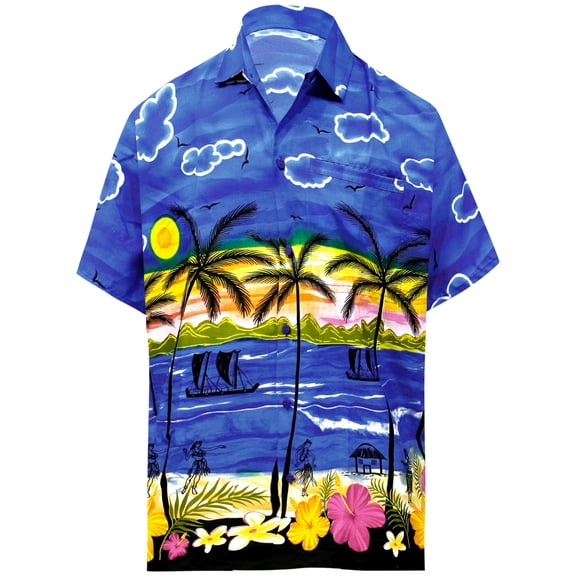 HAPPY BAY Men's Funky Beach Tropical Party Shirts Short Sleeve Button Down Hawaiian Shirt for Men M Royal, Sunset Clouds