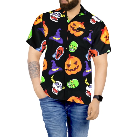 HAPPY BAY Men's Halloween Costumes Button Down Short Sleeve Summer Caribbean Party Shirt Holiday Hawaiian Shirts for Men 4XL Halloween Clip Art Scary Black