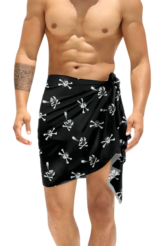 Men's Costumes Summer Sarong Wrap Pareo Caribbean Pirates Swim Trunks Swimwear Full Beach Wraps for Men One Size Black Skull