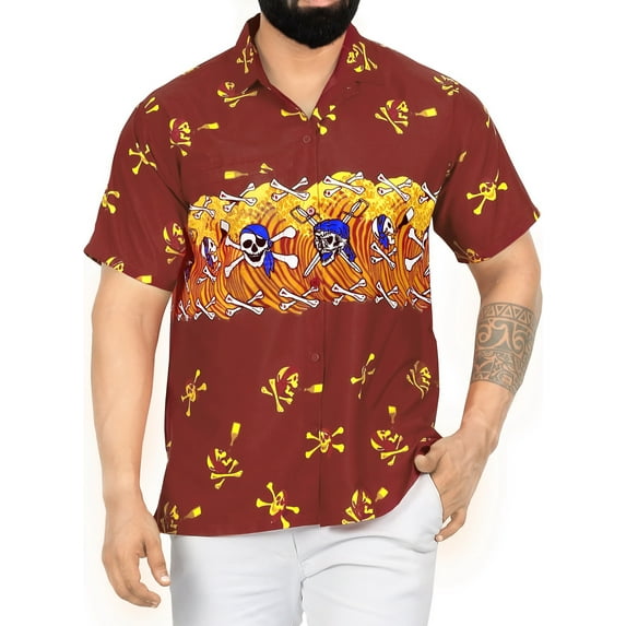 HAPPY BAY Men's Hawaiian Button Down Short Sleeve Summer Caribbean Shirt Fashion Halloween Costumes Party Shirts for Men L Skull Crossbones Blood Red