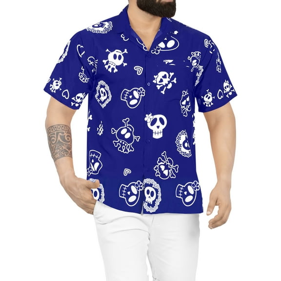 HAPPY BAY Men's Hawaiian Button Down Short Sleeve Summer Caribbean Shirt Holiday Costumes Party Shirts for Men M Clip Art Skull Royal Blue