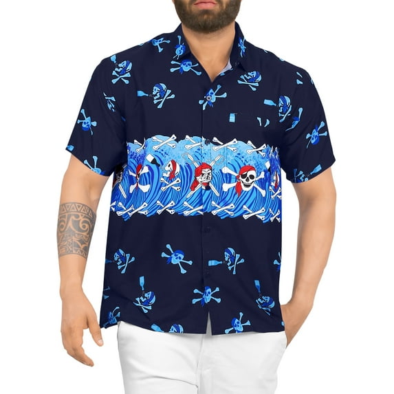 HAPPY BAY Men's Hawaiian Button Up Short Sleeve Beach Caribbean Shirt Holiday Halloween Costumes Cruise Shirts for Men XS Skull Crossbones Navy